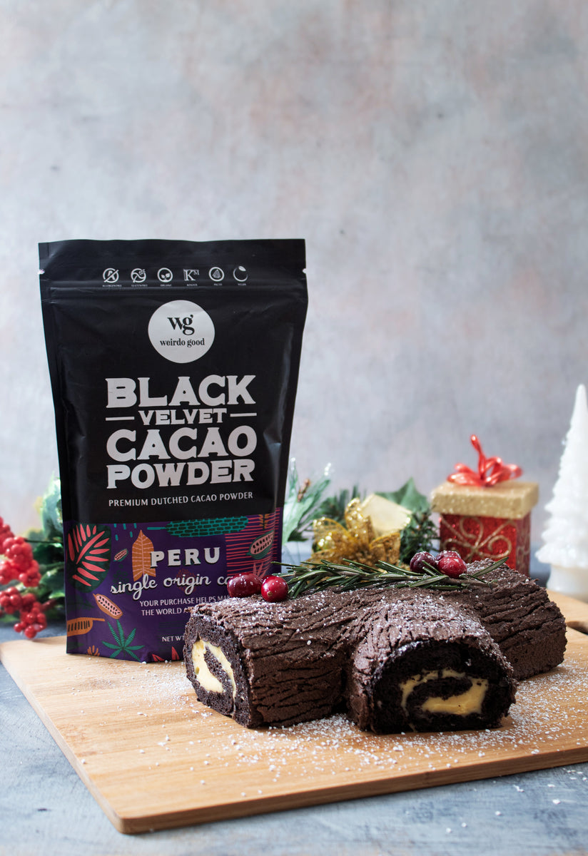Black Velvet Bûche de Noël (Yule Log Cake) with Eggnog Cream Filling – Weirdo Good